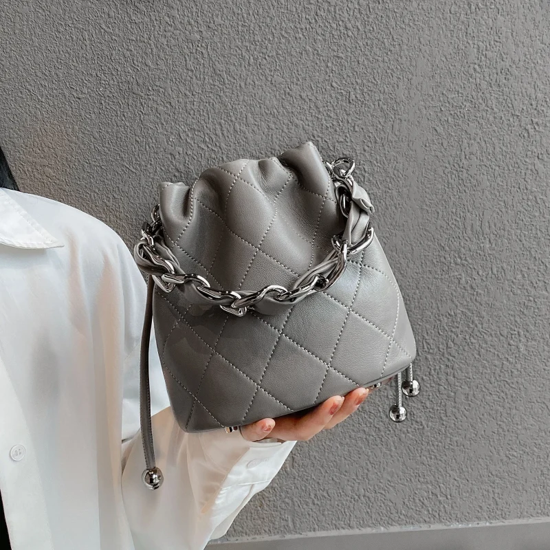 Genuine Leather Quilted Drawstring Bucket Bag - Image 6