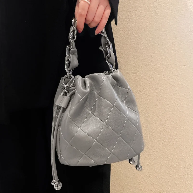 Genuine Leather Quilted Drawstring Bucket Bag - Image 7