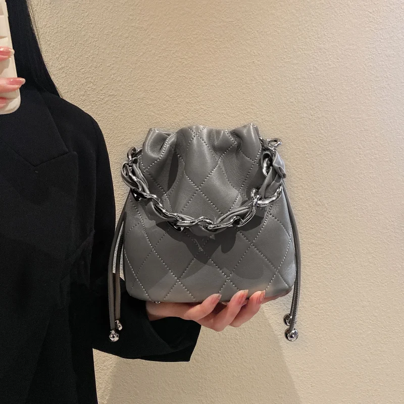 Genuine Leather Quilted Drawstring Bucket Bag - Image 2