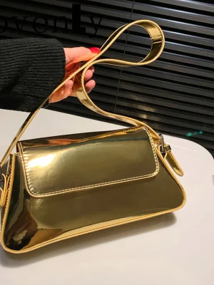 Gold Shiny High Quality Flap Bagute Bling Shoulder Bag