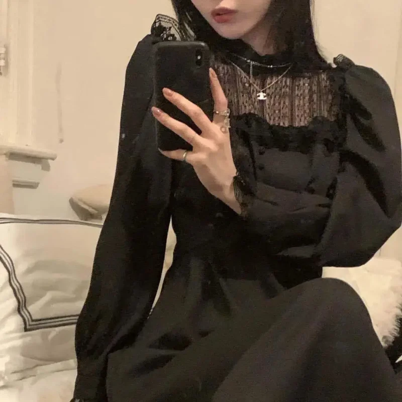 Gothic Black Y2k Lace Long Sleeve One Piece Dress - Image 8