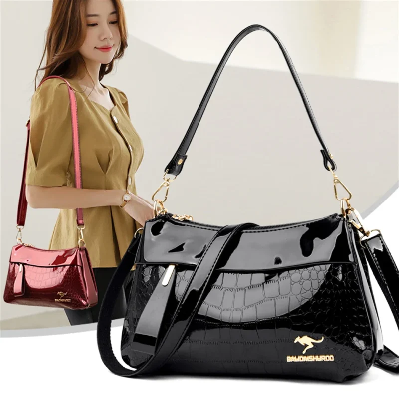 3 Layers Women Luxury Designer Patent Leather Shoulder Messenger Crossbody Bag - Image 2