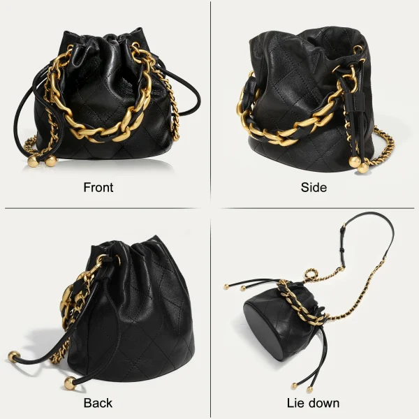 Genuine Leather Quilted Drawstring Bucket Bag - Image 3