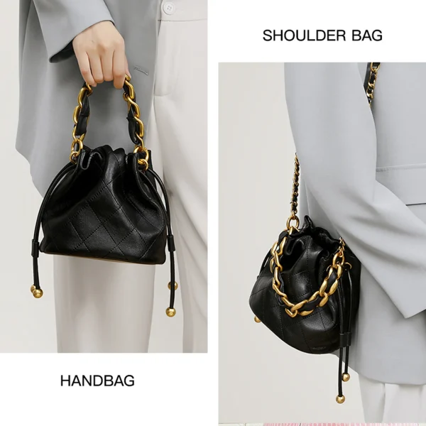 Genuine Leather Quilted Drawstring Bucket Bag - Image 5