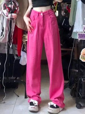 Retro Pink Pocket High Waist Straight Pants