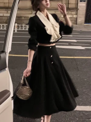 Long Sleeve Crop Tops + Casual Black Midi Skirt  2 Piece Dress