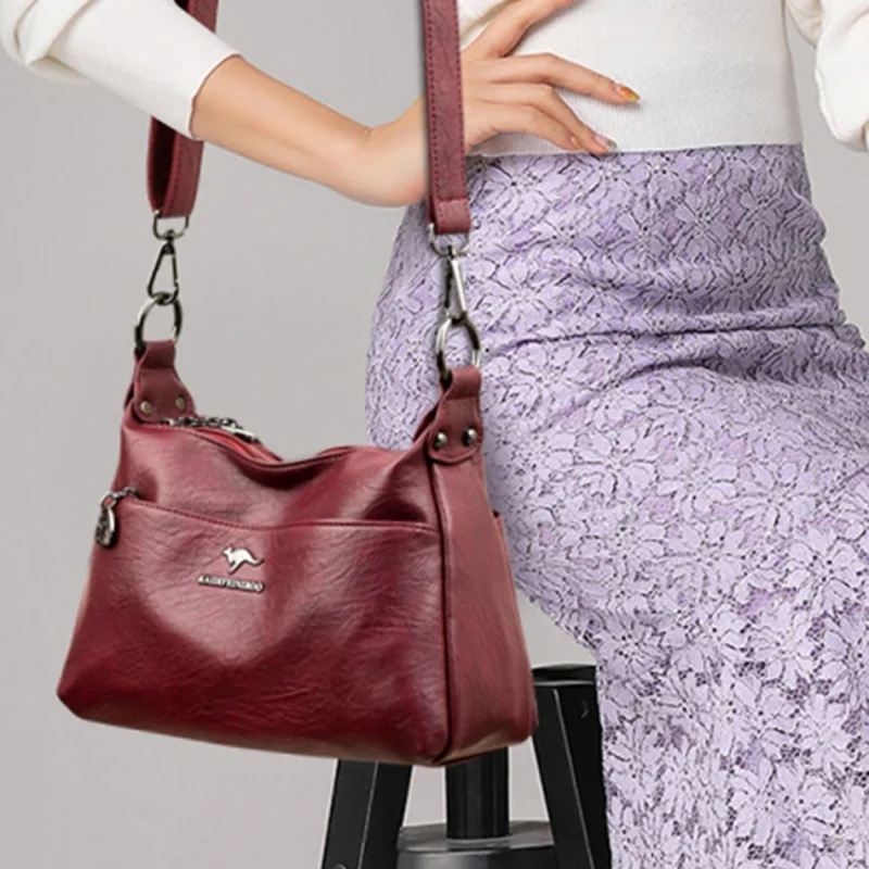 High Quality Soft PU Leather  Bilayer Multi-pocket Messenger Bag - Image 4