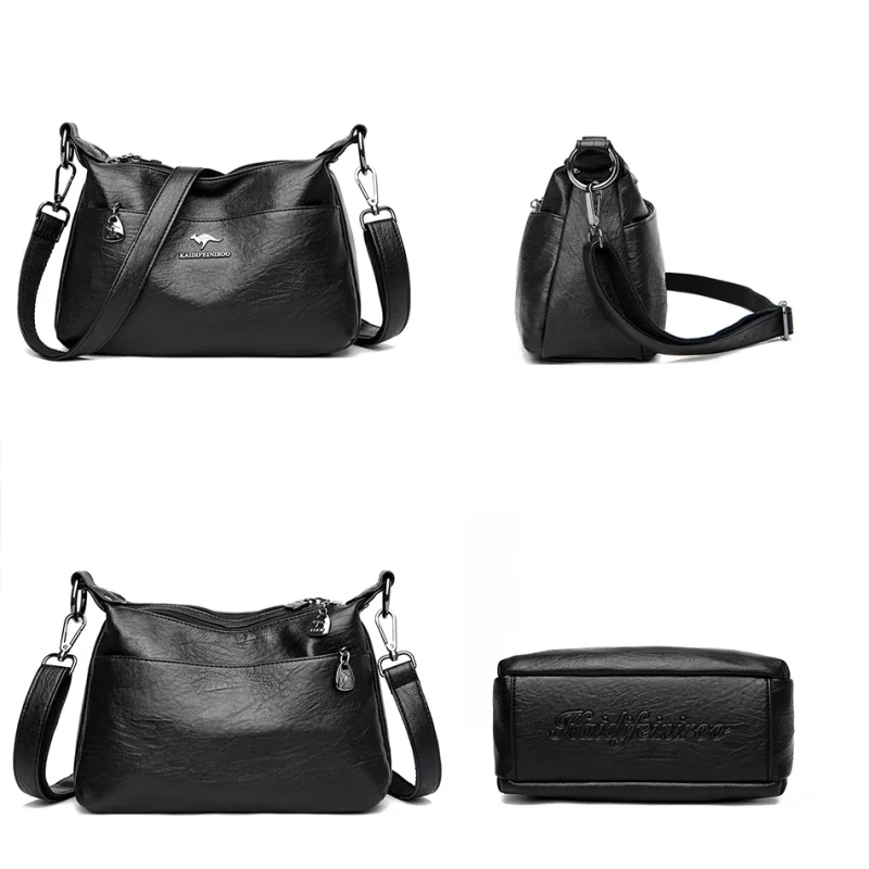 High Quality Soft PU Leather  Bilayer Multi-pocket Messenger Bag - Image 6