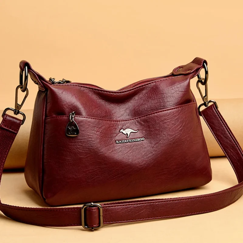 High Quality Soft PU Leather  Bilayer Multi-pocket Messenger Bag - Image 2