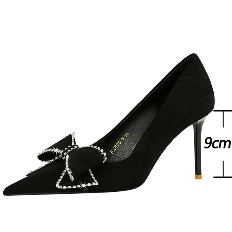 Eco Rhinestone Bowknot Suede Stilettos Heels - Image 5