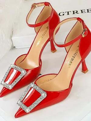 Metal Rhinestone Patent Leather High Heels