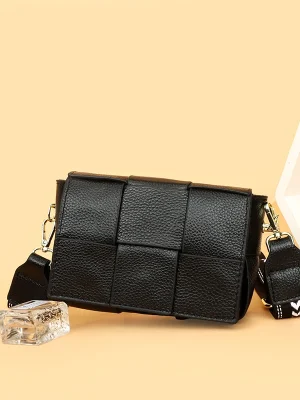 Cowhide Solid Classic Wide Fabric Strap Crossbody Bag