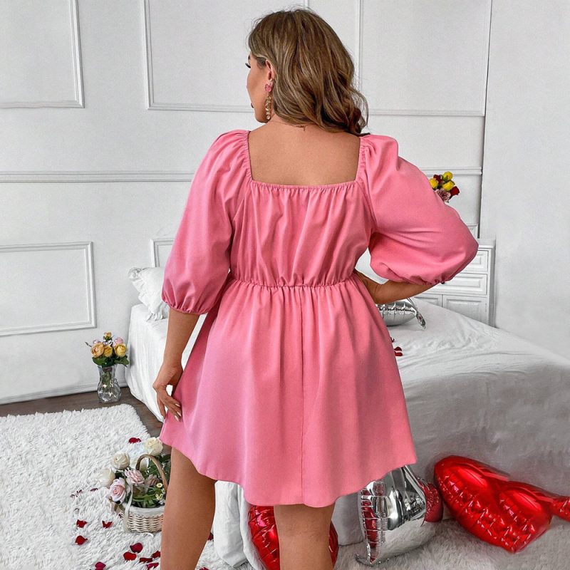 Plus Size French Square Collar A-Line Mini Dress: Long Puff Sleeves, Casual Style" - Image 2