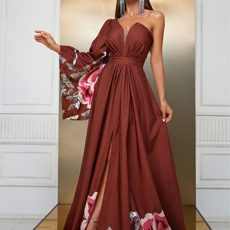 Chiffon Single Sleeve Maxi Dress: Split Print Design - Image 3
