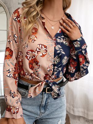 Effortless Chic: Loose Casual Long-Sleeved Shirt with Floral Color Matching and Single