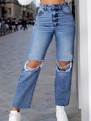 StraightLeg Hole Jeans: Women’s Wide-Leg Pants