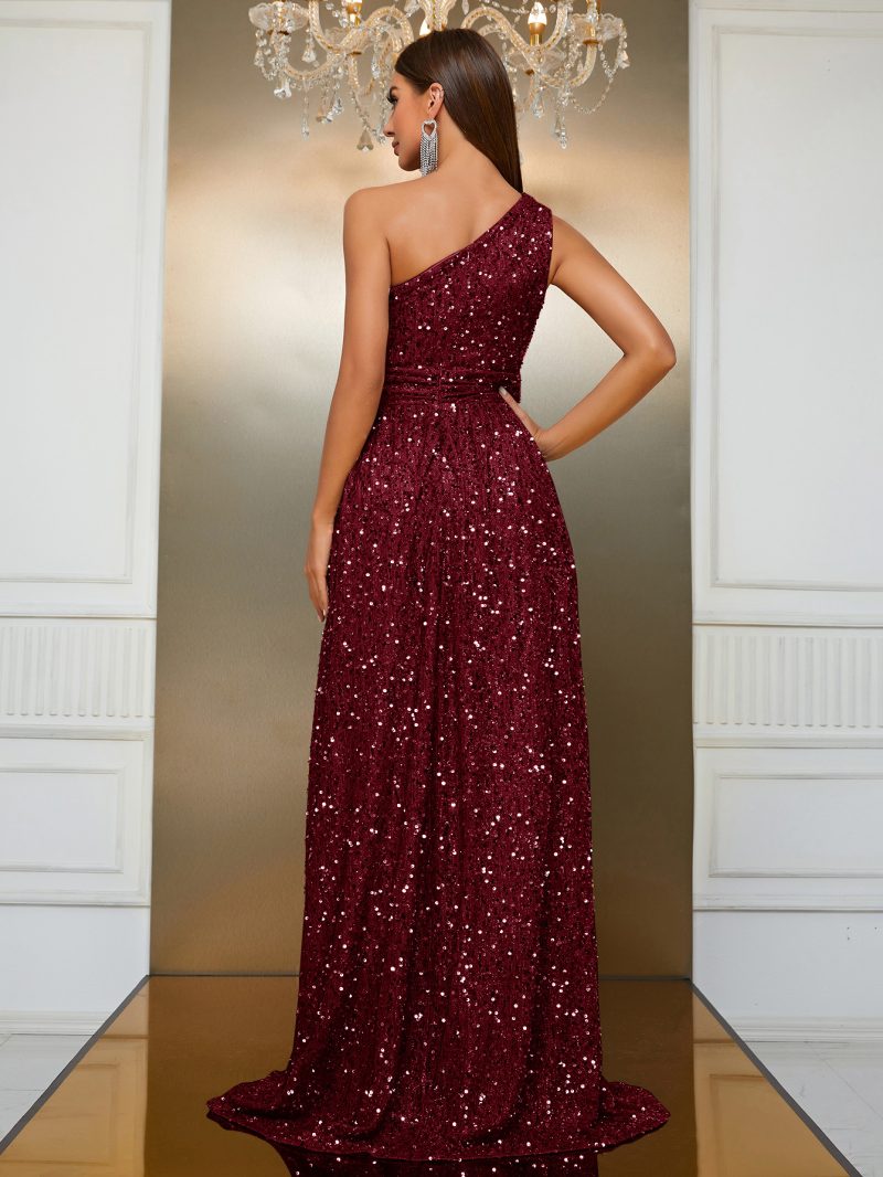 Elegant Sequined Party Dress: Oblique Shoulder, High Slit - Image 3