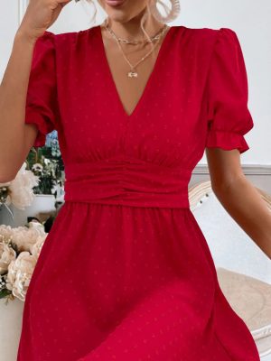 Summer Ruffled Short Sleeve Dress: Women’s Zipper V-Neck