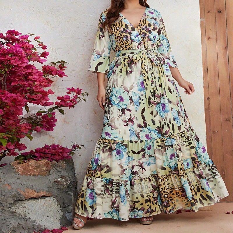 Plus Size Mid Sleeve Chiffon Printed Holiday Dress: Middle East Style