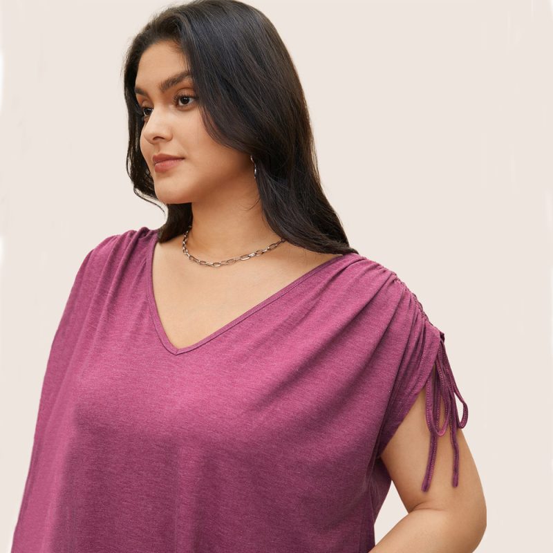 Plus Size Drawstring V-Neck Solid Color Casual Loose T-Shirt Top with Short Sleeves - Image 4