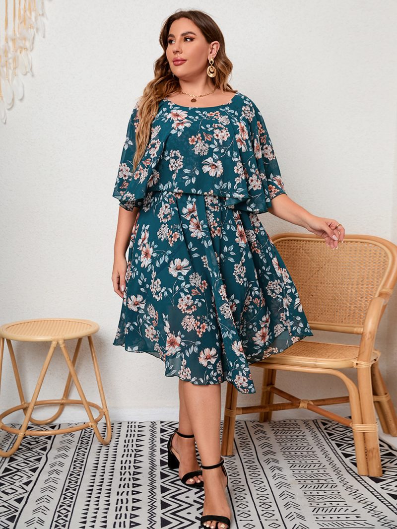 Plus Size Ladies Round Neck Ruffled Waist Tight Elegant Big Hem Printed Dress - Image 5