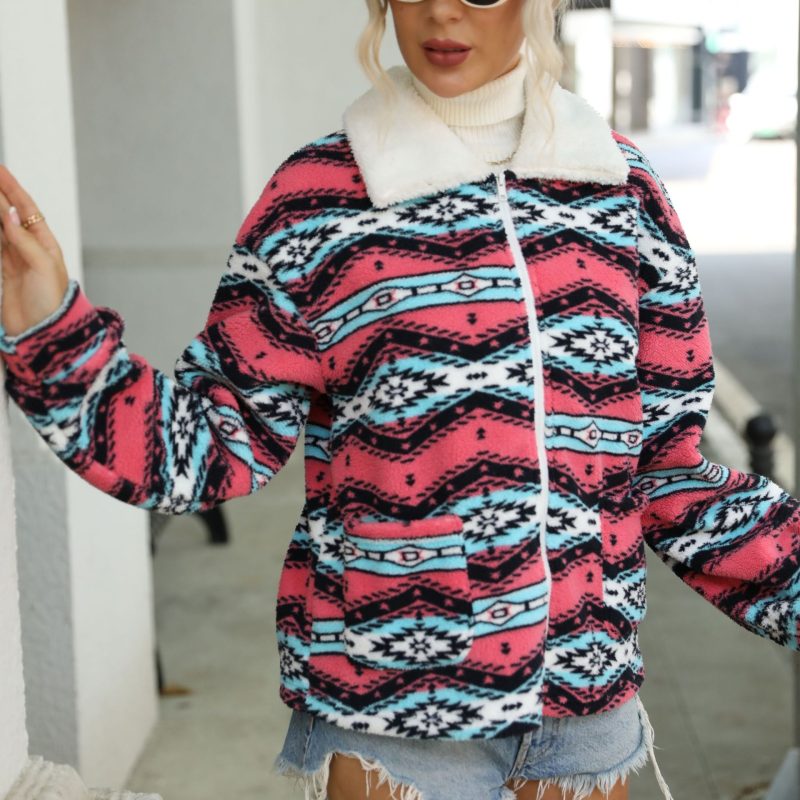 Autumn Flash Velvet Loose Zip Plush Coat: Geometric Abstract Print - Image 3