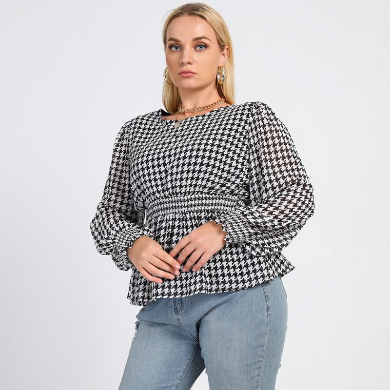 New Plus Size Black and White Plaid Printed Round Neck Office Shirt - Image 3