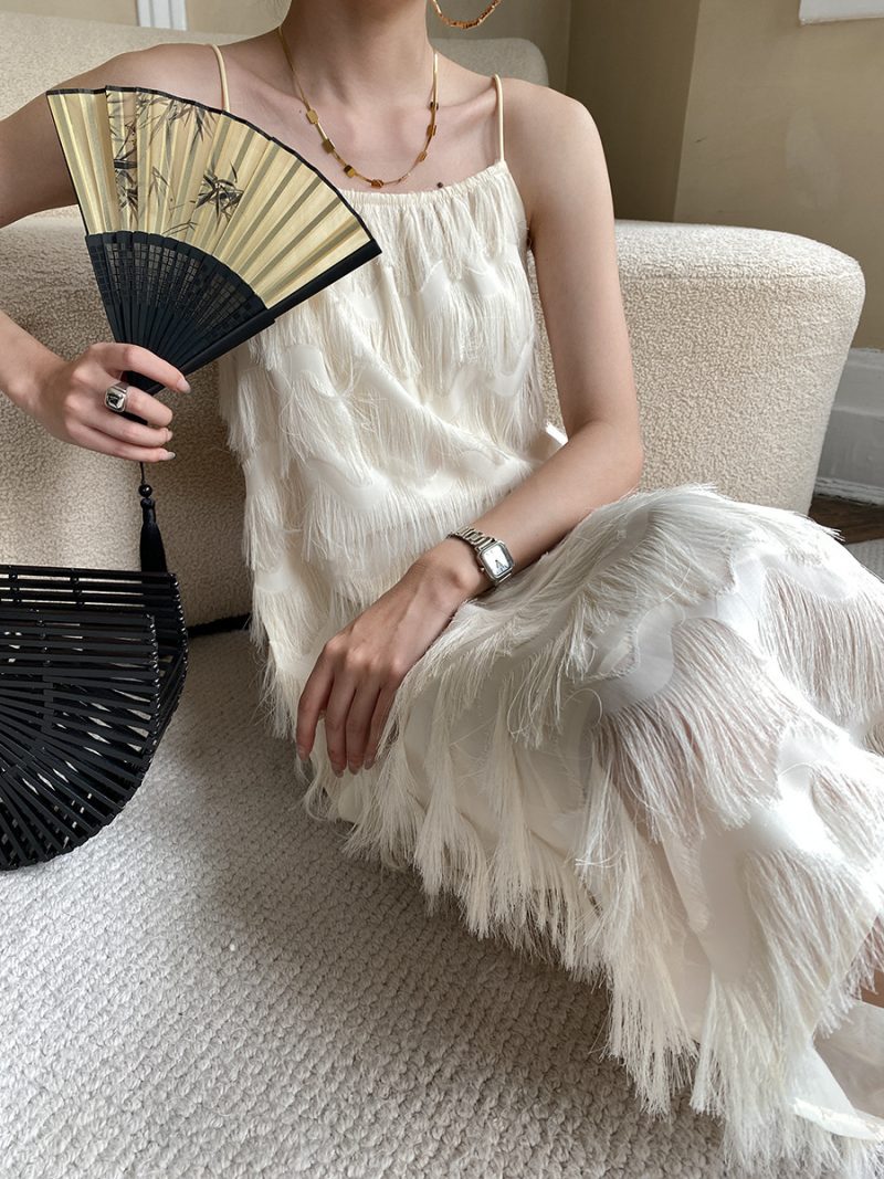 Sinan Tassel Feather: Gentle, Elegant, Loose Slimming French Strap Dress - Image 4