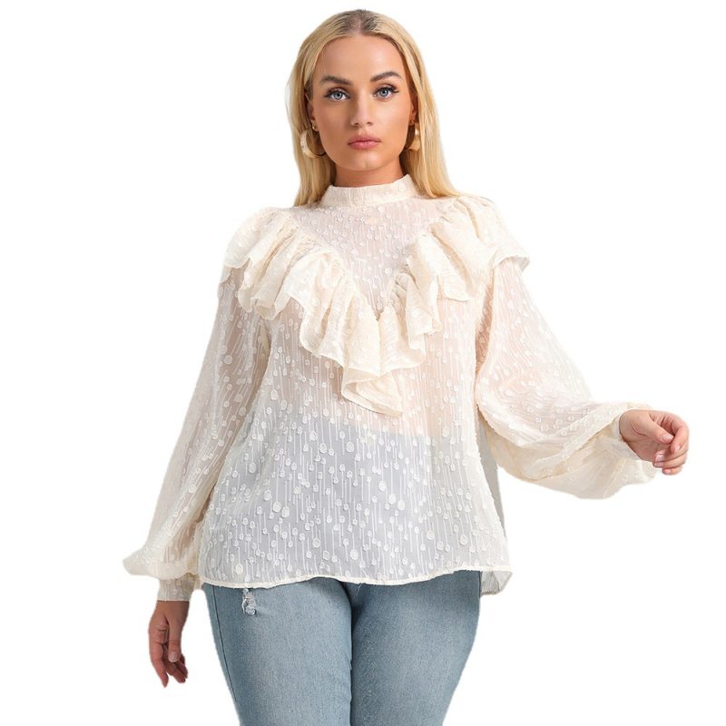 Plus Size Autumn Office Long Sleeve Loose Polka Dot Top with Lotus Leaf Detailing - Image 5