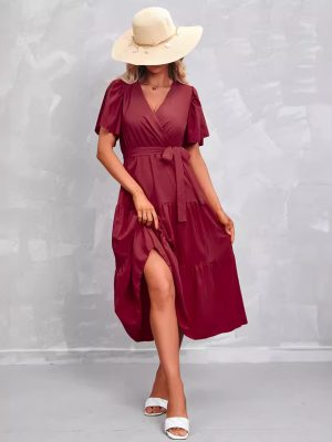 Women’s Summer Solid Color V-Neck Short Sleeve Dress