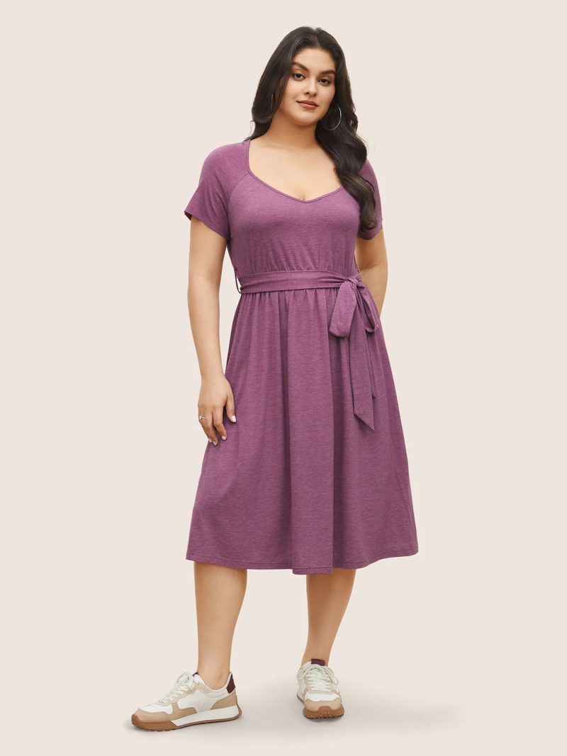 Plus Size Solid Color Belted Waist Slimming Summer Dress - Image 2