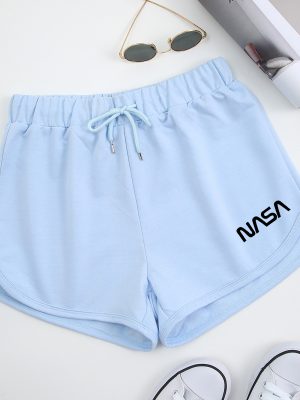 Summer Women’s Fashionable Casual Sports Shorts: Simple NASA Letter Graphic Printing