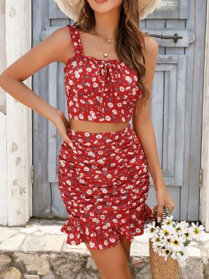 Women’s Swimsuit Set: Small Floral Skirt with Chest Cup Strap Vest Top