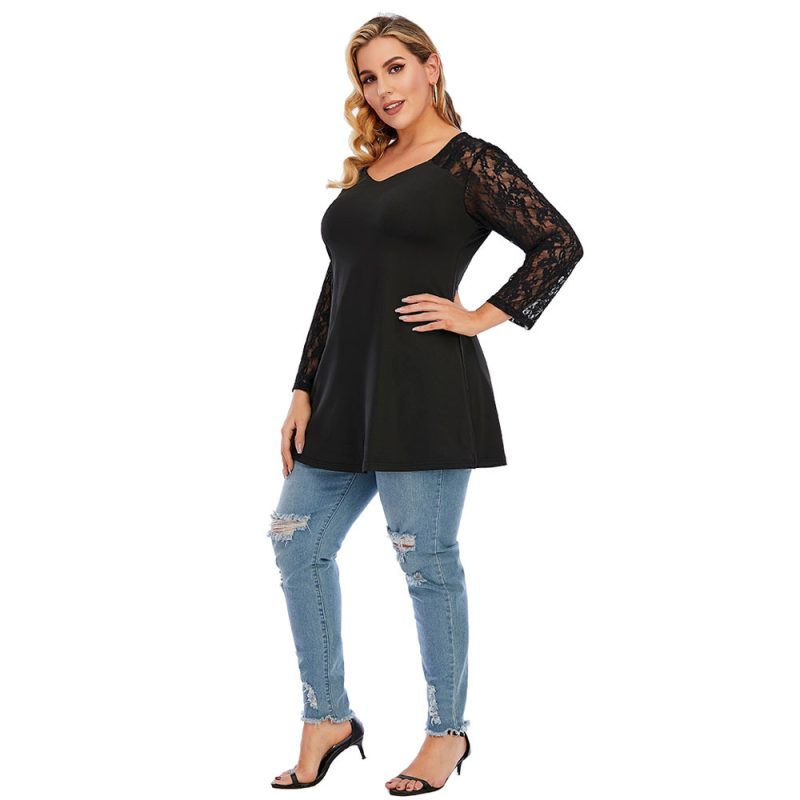 Plus Size Spring Ladies Oversized Knit Lace Stitching Long Sleeve V-Neck Backless Casual T-Shirt - Image 4