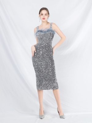 Crafted Sequined Ostrich Plush Bottom Dress: Evening