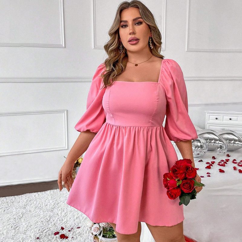 Plus Size French Square Collar A-Line Mini Dress: Long Puff Sleeves, Casual Style" - Image 3