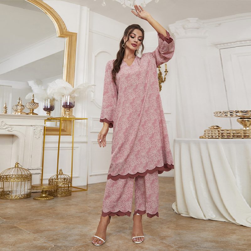 Autumn Winter Middle East Saudi Casual Women V-neck Printed Long Sleeve Trousers Suit