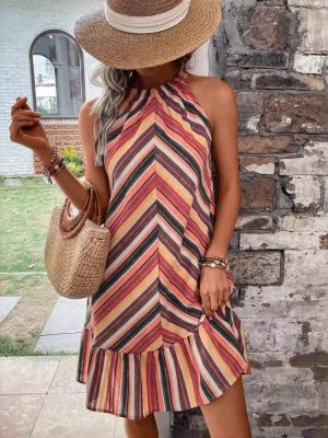 Women’s Summer Clothing: Rainbow Dress with Colorful Striped Halte