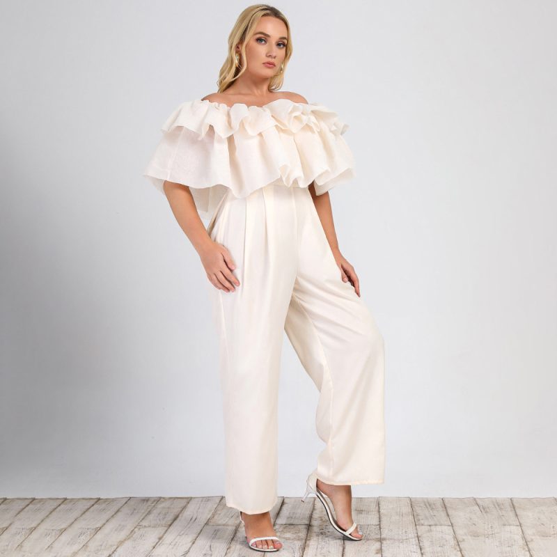 Summer New Plus Size Women's Jumpsuit: Lotus Edge Off-Shoulder Solid Straight-Leg Office Casual Pants - Image 3
