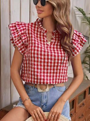 Women’s Spring Summer Plaid Sweet Top: V-Neck Flounce Short-Sleeved Shirt