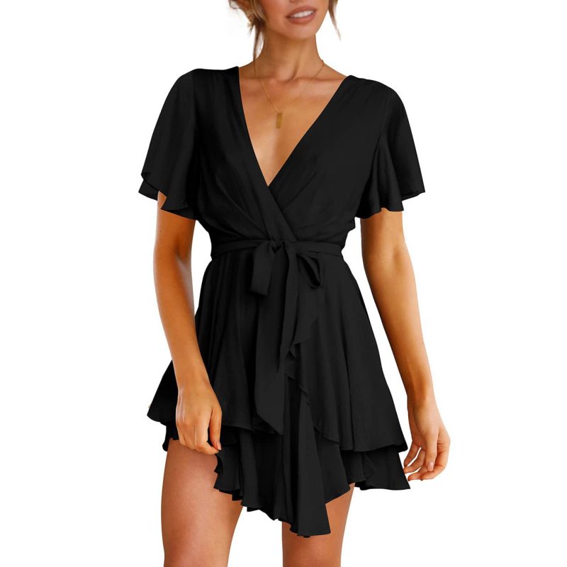 Women's Elegant Deep V-Neck Skater Dress: Lace Pleated - Image 3