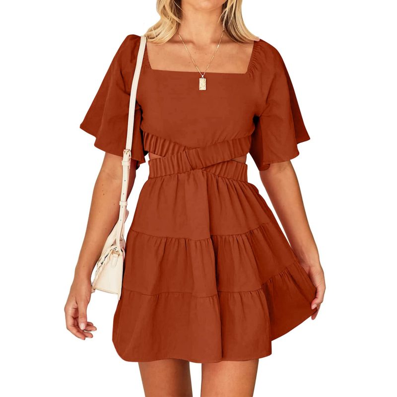 Chic Simplicity: Solid Color Square Collar Dress with Hollow Out Cutout Back - Ideal for Spring and Summer - Image 4