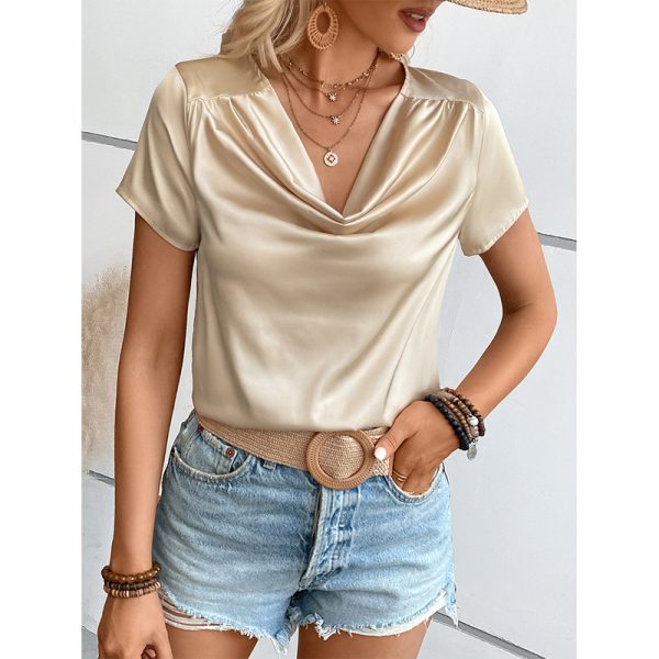 Solid Color Satin Short-Sleeved Women's Thin T-shirt: Loose Round Neck Bottoming Top - Image 3