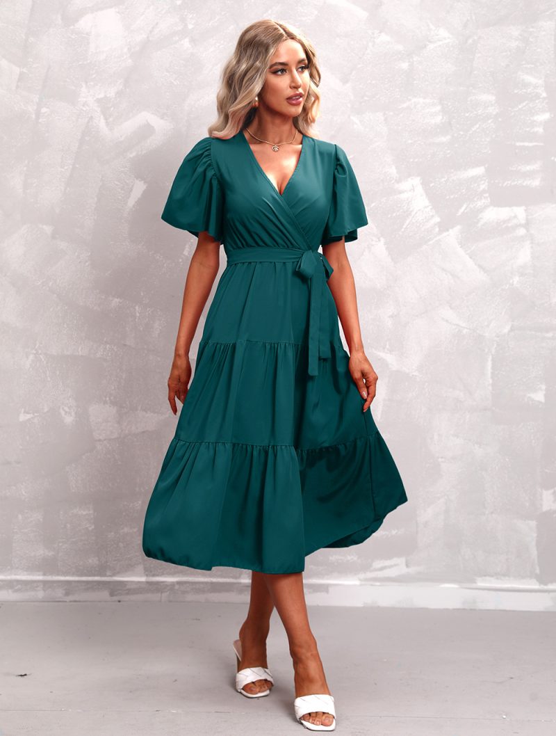 Women's Summer Solid Color V-Neck Short Sleeve Dress - Image 5