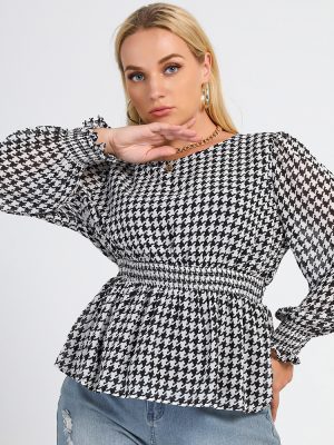 New Plus Size Black and White Plaid Printed Round Neck Office Shirt