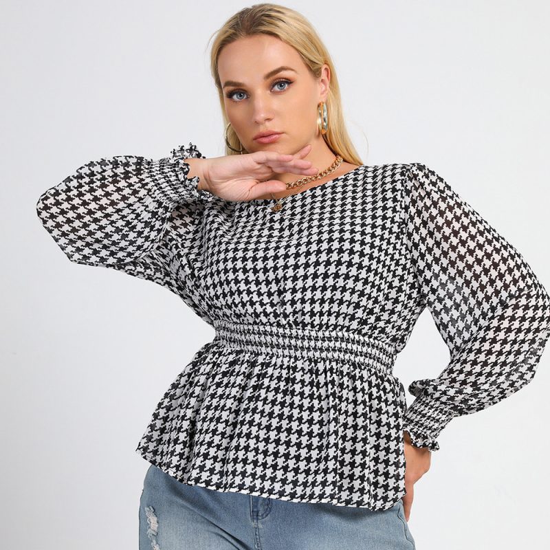 New Plus Size Black and White Plaid Printed Round Neck Office Shirt