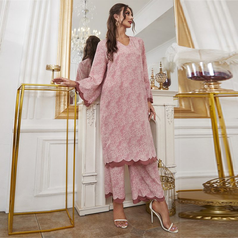 Autumn Winter Middle East Saudi Casual Women V-neck Printed Long Sleeve Trousers Suit - Image 2