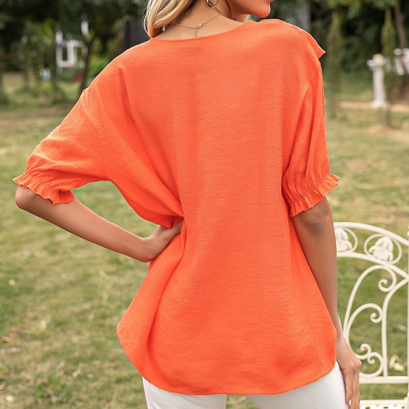 Breezy Summer Style: Loose Mid-Length Ruffled Round Neck Short Sleeve Shirt Top for Women - Image 3