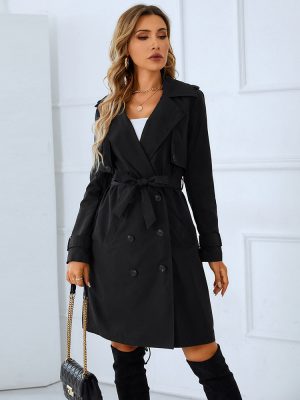 Spring-Autumn Woolen Coat with Belt, Deep V-neck, and Slim Fit