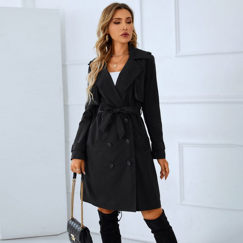 Spring-Autumn Woolen Coat with Belt, Deep V-neck, and Slim Fit